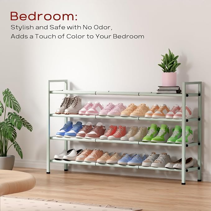 Bumusty 4 Tier Long Expandable Shoe Rack for Closet, Green | 18"-44" Adjustable Shoe Rack for Entryway, Shoe Organizer for Dorm, Front Door, Sturdy Metal