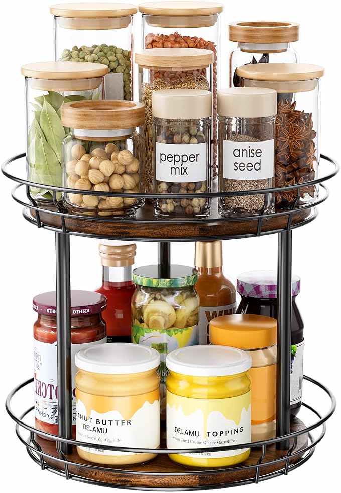 LAMU 12'' Lazy Susan Turntable Organizer, 2 Tier Round Rotating Spice Rack Organization for Kitchen Cabinet and Countertop, Wooden Lazy Susan for Table Top, Pantry, Bathroom, Vanity, Home Decor