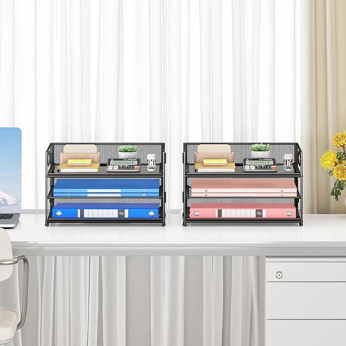 Subekyu 2-Pack 3-Tier Paper Letter Tray Organizer for Desk, Black Metal Mesh File Sorter Organizer with Handle and 1 PC Sliding Tray for Home Office School Desk Supplies Organization Storage