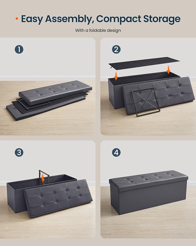 SONGMICS Home Foldable Foot Rest Stool, Storage Ottoman, Tufted Design, PU Leather, Easy Assembly and Cleaning, for Entryway, Living Room, Bedroom, 43.2 Inches, Dark Gray