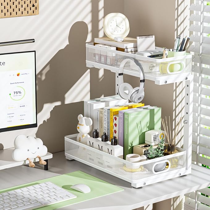 Under Sink Organizer, High Adjustable 2 Tier Under Sink Organizers and Storage, Slide out Metal Cabinet Organizers, Pull out Storage Drawer Shelf for Kitchen Bathroom Cabinet (White-1 pack)