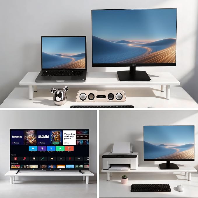 Bamboo Dual Monitor Stand Riser, White Desk Shelf with Storage | 39.37-Inch Wide, 3.5-Inch Clearance, Fits Keyboards, Soundbars and Two 24-Inch Monitors for Home Office