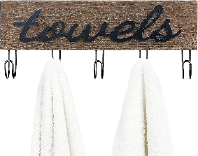 Mkono Wall Mounted Towel Rack, 5 Hooks Rustic Wood Bathroom Towel Hanger | Farmhouse Decor, Space Saving, Decorative Letter Design, Easy Install, Sturdy, Hang Bathrobe clothes, Shower Accessories