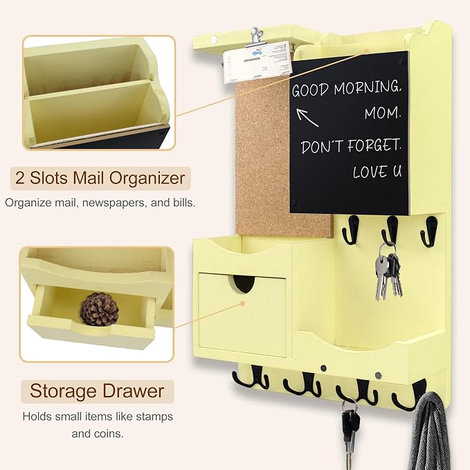 Key Holder Wall Mount, Mail Organizer Key Holder for Wall with Shelf, Drawer, Chalkboard, Corkboard, Home Decor Wall Mounted for Room Entryway (Ivory Yellow)