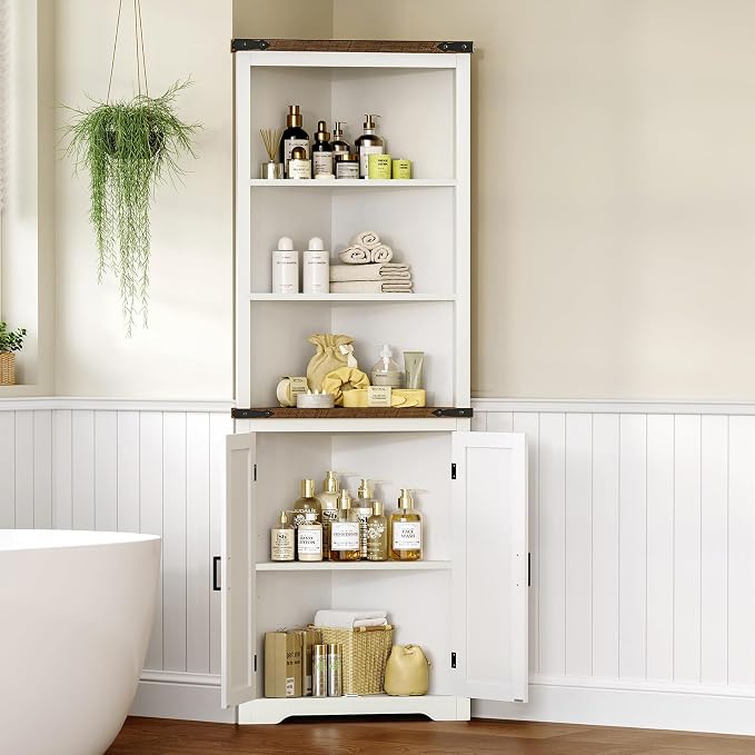 Farmhouse Corner Cabinet, 70" H Tall Corner Hutch with 5 Shelves & 2 Barn Doors, Bathroom Cabinet with Adjustable Shelf, for Living Room, Kitchen, Bathroom, White