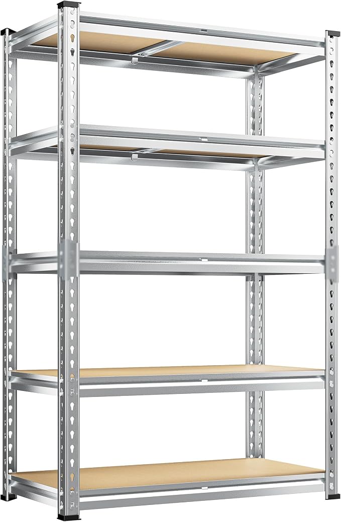 REIBII 5 Tier Garage Shelving for Pantry Garage, Adjustable Storage Shelves | 35.5" W x 11.9" D x 72" H, Holds 2400 Lbs, Silver, 5 Reinforcing Ribs, Steel Frame with Powder Coat, Freestanding