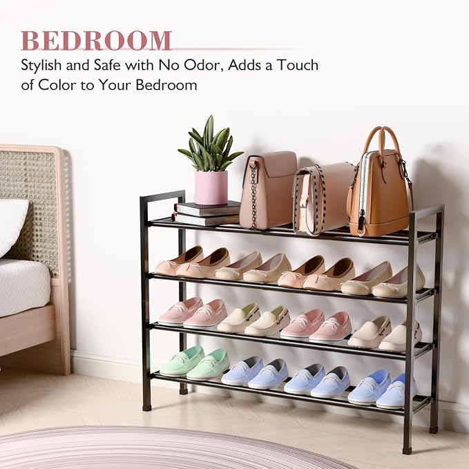 Bumusty 4 Tier Expandable Shoe Rack for Closet, Light Grey | 18"-33" Adjustable Shoe Rack for Entryway, Small Shoe Organizer for Dorm, Front Door, Sturdy Metal