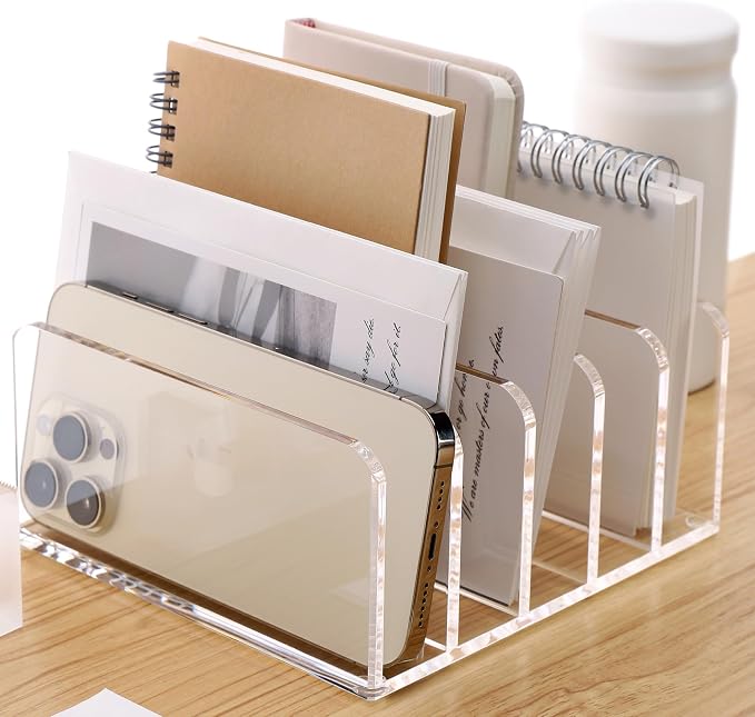 SANRUI Clear Mail Organizer Desk Sorter, Acrylic Letter File Holder 5-Slot | Office Document Mails Storage, Multifunction Letter Folder Racks Holders for Office,Home, School Desk Organization