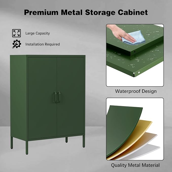 Bevivog Green Metal Locker Cabinet with 2 Doors, Metal Accent Cabinets with 2 Adjustable Shelves Home Office Storage Lockers Sideboard for Kitchen Living Room Hallway Entryway