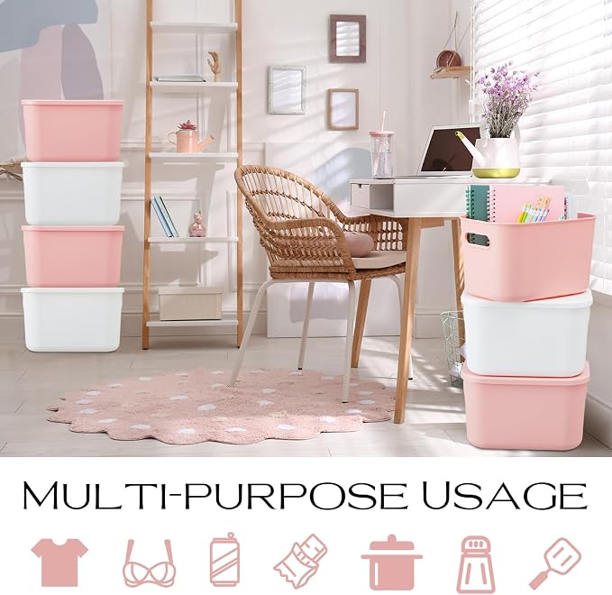 8 Pieces Colorful Storage Bins with Lid, Plastic Storage Basket Organizing Container Stackable Box with Handle for Shelves Desktop Playroom Office(9.8 x 7.1 x 6.3 Inch,White and Pink)