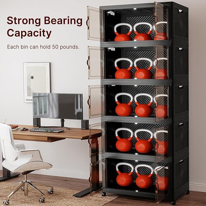 UAMFURI Stackable Storage Bins with Lids, 900QT Lockable Storage Cabinet | Folding Storage Box with Doors and Wheels, Collapsible Plastic Drawers for Home, Garage, Office