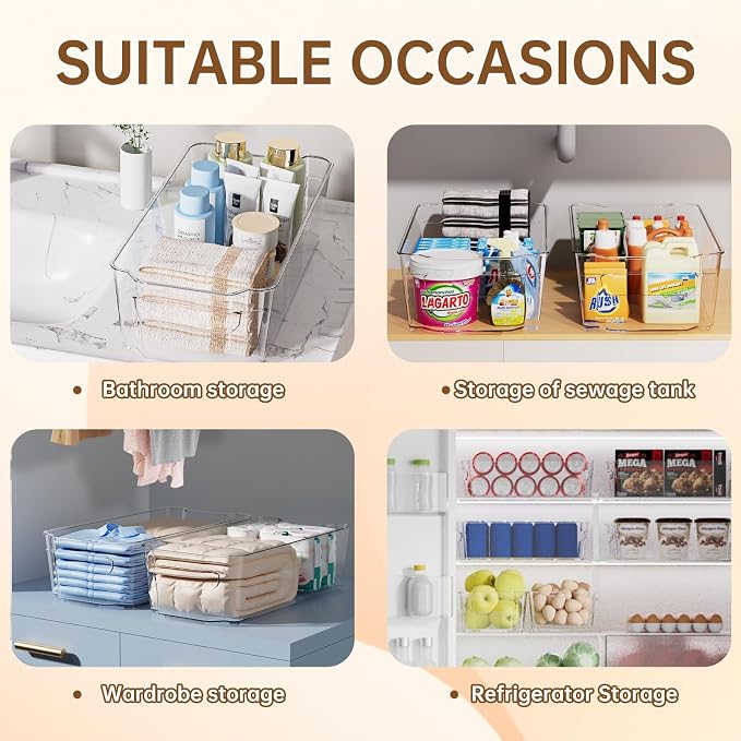 Clear Fridge Organizer, Refrigerator Organizer Bins with Handle, Freezer, Kitchen Cabinet, Pantry Organization, BPA Free Fridge Organizers (12.4 inch 6 Pack)