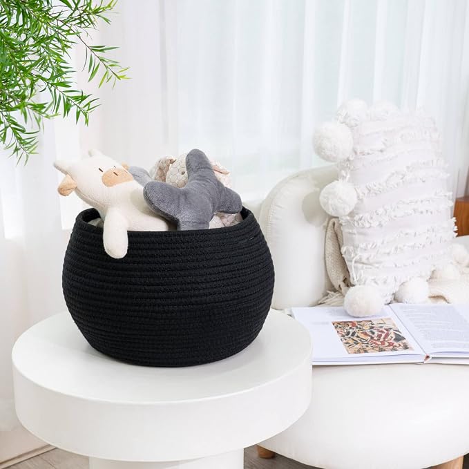 Goodpick Round Woven Storage Basket for Shelves, 12.5" x 8.3", Black | Small Rope Basket with Handles, Holds Blankets, Toys & Nursery Essentials, Decorative Basket for Living Room & Home Décor