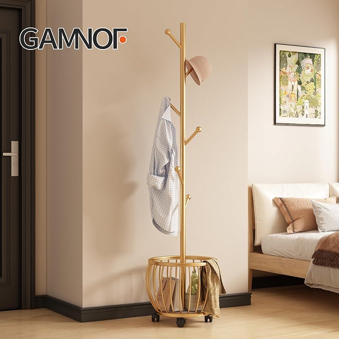 Coat Rack Freestanding Coat Stand with Basket 6 Hooks Wheels,Gold | Metal Coat Rack Stand Coat Tree for Home Entryway Bedroom Living Room Office Corner Modern Organizer for Scarf Jacket Hat Bag