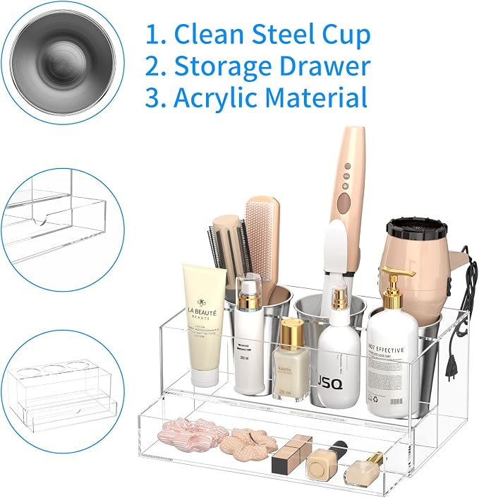 NIUBEE Acrylic Hair Tool Organizer with Drawer, Hair Dryer Holder Organizer | Clear, Hot Tools Organizer Countertop with 3 Cups, Hair Blow Dryer Storage for Curling Iron, Brush, Straightener, Bathroom