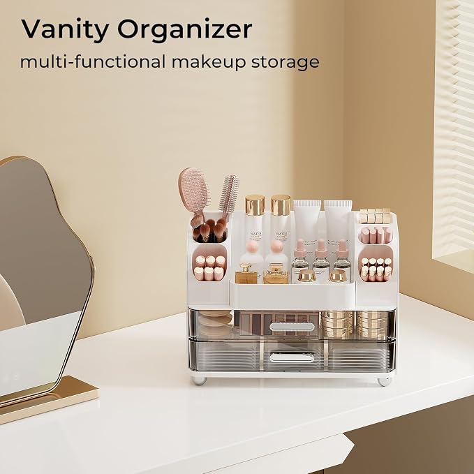 UFORU Makeup Organizer Countertop with 2 Large Drawers for Vanity Bathroom | Brush Holder, Large Capacity, Thickened Plastic, Compact Footprint, Space-Saving Design, Easy Clean, Ideal for Dorm Rooms