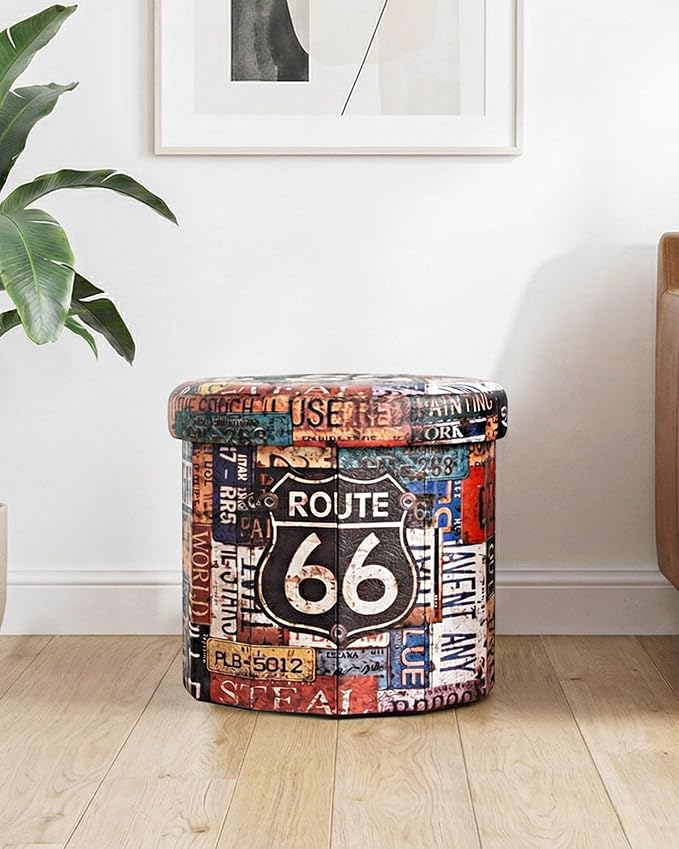 B FSOBEIIALEO Folding Storage Ottoman Round, Faux Leather Foot Rest Seat, Storage Organizer Chest 15" (Route 66 Barrel)