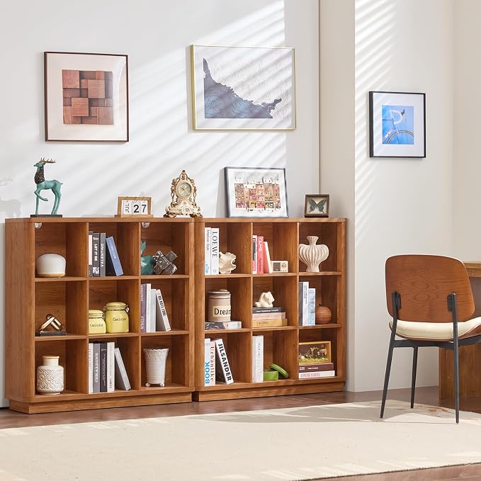 Joaxswe 9 Cube Storage Book Shelf, 40.5" Wide Organizer Bookshelf with Curved Edge, Wood Floor Standing 3-Tier Cubby Bookcase with Base, Country Rustic Display Book Case for Library, Office, Brown