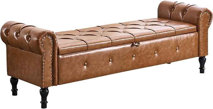 Storage Bench 67" Faux Leather End of Bed Benches Brown | King Size Storage Bench for Bedroom with Rolled Arms Tufted Ottoman Benches Upholstered Bench for Living Room Entryway