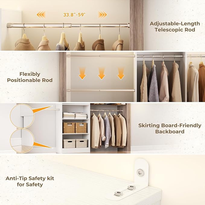 Closet System, 4.5-11.5 Ft Expandable Closet Organizer, White | 5 Hanging Rods, Walk-in Wood Closet Organizer System with Storage Tower, Heavy Duty Garment Rack Wardrobe for Bedroom