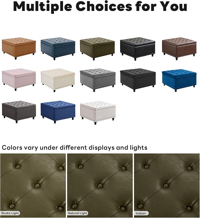Tbfit Large Square Storage Ottoman Bench, Button Tufted Upholstered Coffee Table Ottoman with Wooden Legs, Oversized Storage Ottomans Toy Box Footrest for Living Room, Green PU