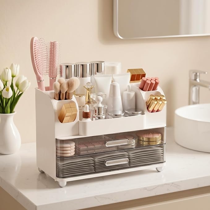 Makeup Organizer for Vanity with 2 Large Drawers and 6 Brush Holders, White | Large-Capacity Makeup Holder Keeps Skincare and Cosmetics Organized and Easy to Reach on Vanity or Bathroom Counters