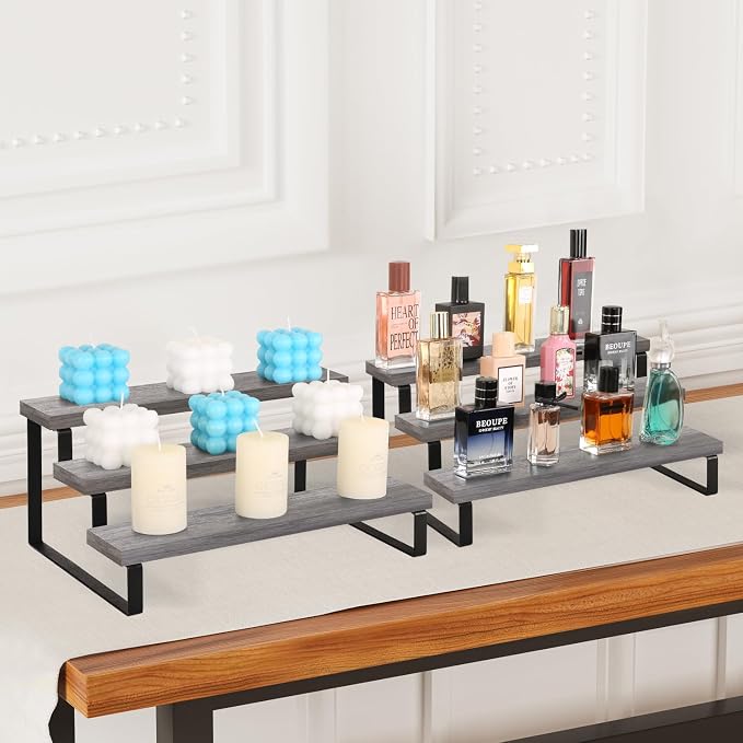 YINMIT Wooden Display Riser Stand, Tiered Perfume and Cologne Organizer Stand, 3 Tier Spice Rack Organizer, Rustic Display Shelf for Candles (3 Tier,2Pack,Grey)