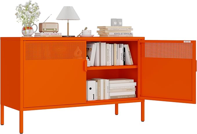 Metal Storage Cabinet with 2 Doors & Adjustable Shelves, Orange | 25"H Accent Cabinet, Metal Locker Storage Cabinets, TV Stand Cabinet for Home, Office, Living Room, Entryway