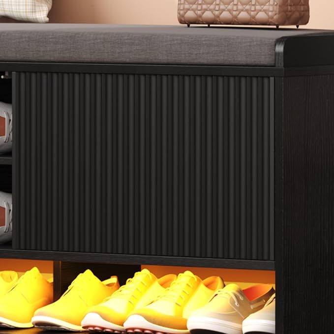 HOMEFORT 39.4" Fluted Shoe Storage Bench, Entryway Bench with Linen Seat Cushion, Shoe Cabinet Bench with Adjustable Shelf and Built-in LED Sensor Light, Bench for Bedroom End of Bed,Black