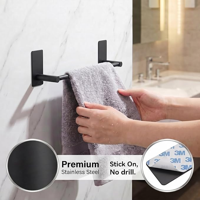 Songtec Stick Towel Bar Black 12-Inch, Adhesive Bath Towel Rack No Drill, Strong Adhesion Tape Mount Towel Holder, Stainless Steel - Black