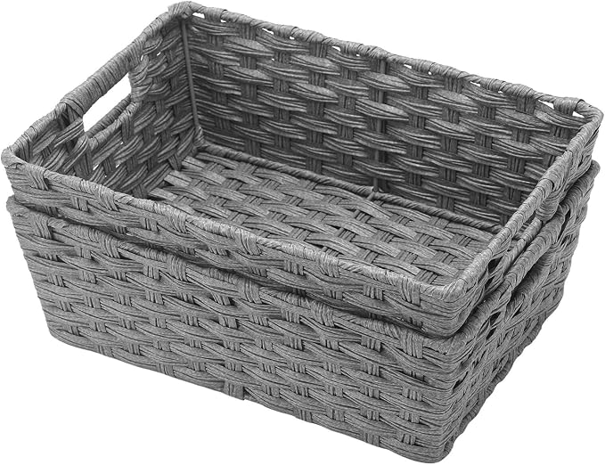 Onlytak Large Wicker Storage Basket, Metal Frame, Set of 2, Washable Waterproof, 15" x 10.3" x 5.2", Grey Color, Woven Basket for Pantry, Toilet, Bathroom, Bedroom, Patio