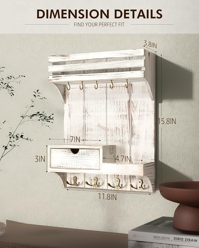 Rebee Vision Key Holder Wall Mount with Drawer for Home Decor, Whitewash | Sturdy Wood, Key Holder for Wall, 6 Rustic Hooks, Floating Shelf, Drawer Organizer, Mail Organizer, Chic Home Decor, Storage