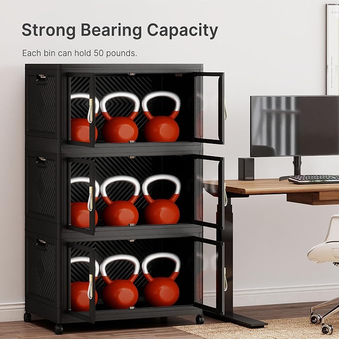 Stackable Storage Bins with Lids, 480QT Extra Large Storage Cabinet | Clear Doors, Foldable Storage Drawers, Heavy Duty, Collapsible Closet Organizers for Bedroom Office (3, Black, 180, Quarts)