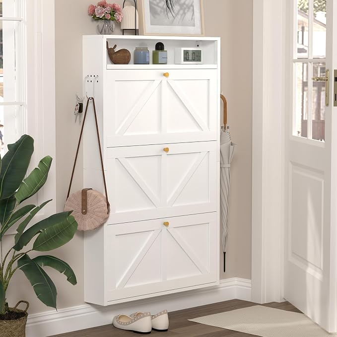 Front Door Shoe Storage, Hanging Shoe Rack with Drawers, 3-Tier Flip-Down Shoe Storage Cabinet for Entryway, Hallway, Narrow Behind the Door Shoe Cabinet, Space-Saving, White