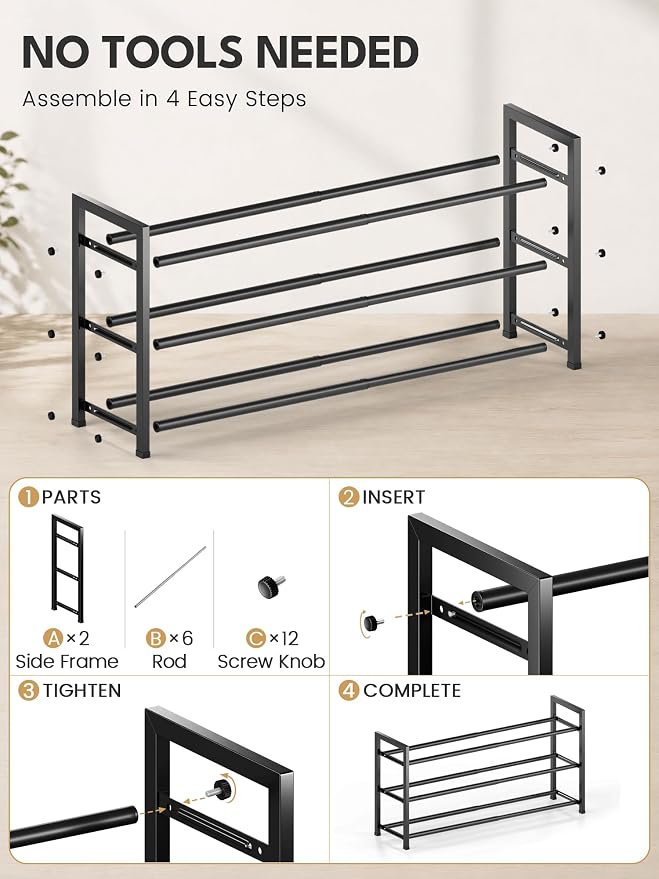 Bumusty 3 Tier Expandable Shoe Rack for Closet, Black | 18"-33" Adjustable Shoe Rack for Entryway, Small Shoe Organizer for Dorm, Front Door, Sturdy Metal