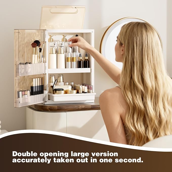 Makeup Organizer with Drawers and Lid, Large Skincare Organizer for Vanity, Dustproof Cosmetic Organizer and Makeup Storage Box with Brush Holder for Dresser, Bathroom Countertop