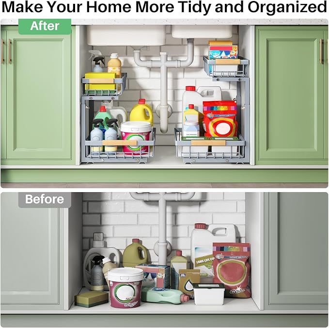 Kitstorack Under Sink Organizer, 2 Tier Under the Sink Storage, Slide out Pull out Cabinet Organizer Shelf, Metal Sliding Drawer for Kitchen Bathroom Pantry Closet Organization Rack, Grey, 2 Pack