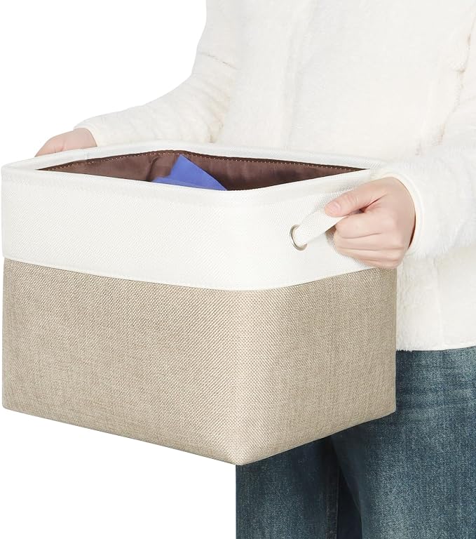 Foldable Storage Bin Collapsible Fabric Storage Basket Cube with Durable Handles Closet Organizer Bins for Organizing Shelves Drawers, Set of 3, 12" x 10" x 9.5", Beige