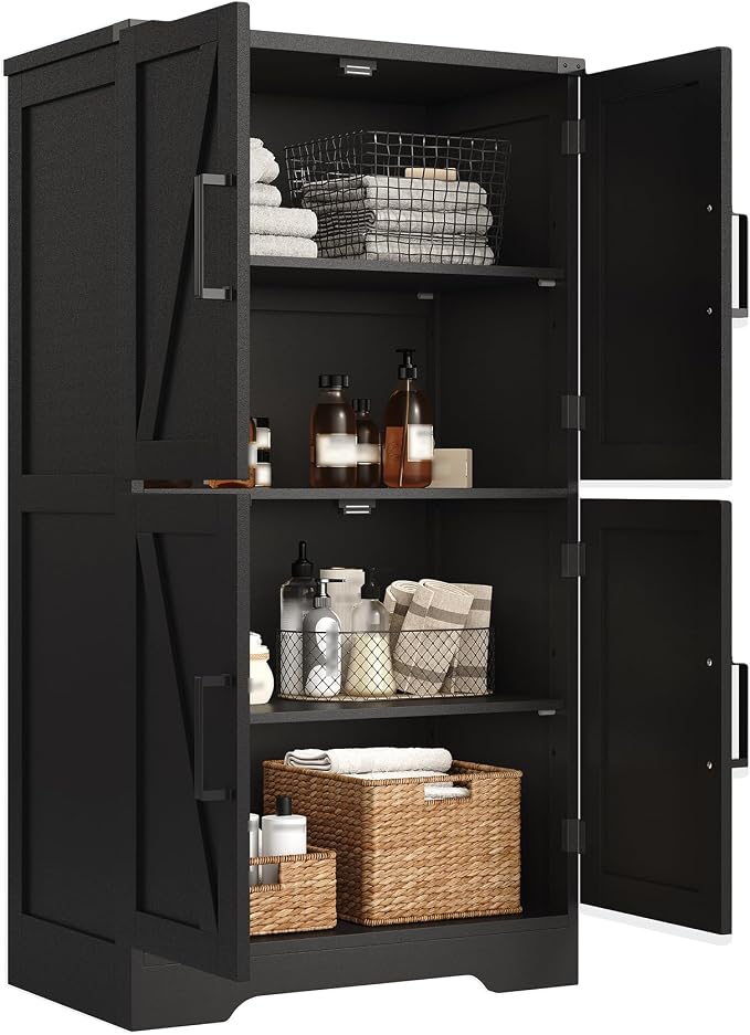 Treocho Farmhouse Bathroom Floor Cabinet with Adjustable Shelves | 13.78"D x 23.62"W x 43.46"H, Freestanding Kitchen Pantry Cabinet, Cupboard for Living Room, Dining Room, Black