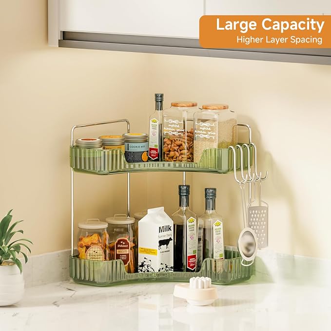 Corner Counter Organizer, 2-Tier Bathroom & Kitchen Storage Tray | PET Green Vanity Organizer Storage Countertop with Hooks for Skincare, Makeup & Jewelry