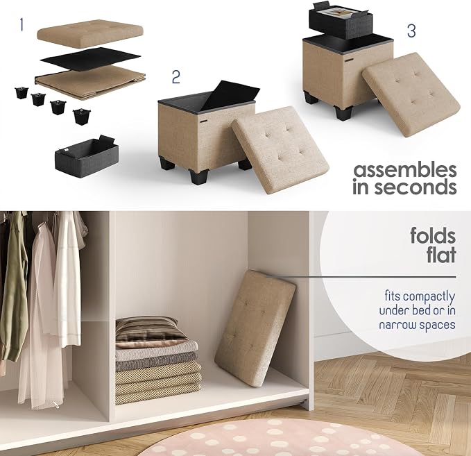 Storage Ottoman Cube with Small Bin, 15-in Square Ottoman with Storage for Living Room and Bedroom, Small Ottomans Foot Rest, Fabric Foot Stools Ottomans Max 330lbs, Taupe