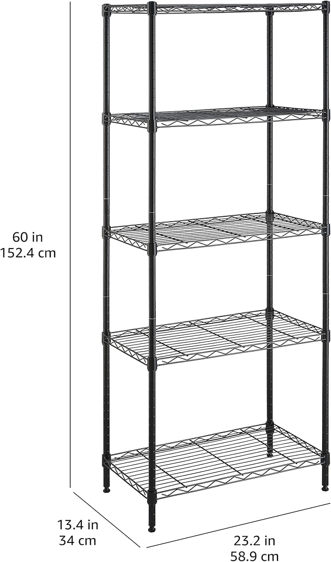 Amazon Basics 5-Shelf Multipurpose Adjustable Steel Garage Shelving Unit, Storage Rack for Kitchen, 200 lbs Per Shelf, Easy Assembly, 13.4"D x 23.2"W x 60"H, Black