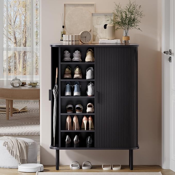 ONBRILL 6-Tier Shoe Cabinet with Sliding Door, Wooden Shoe Storage Cabinet with Adjustable Shelves, Mid-Century Modern Freestanding Shoe Storage Organizer for Entryway, Hallway, Living Room, Black
