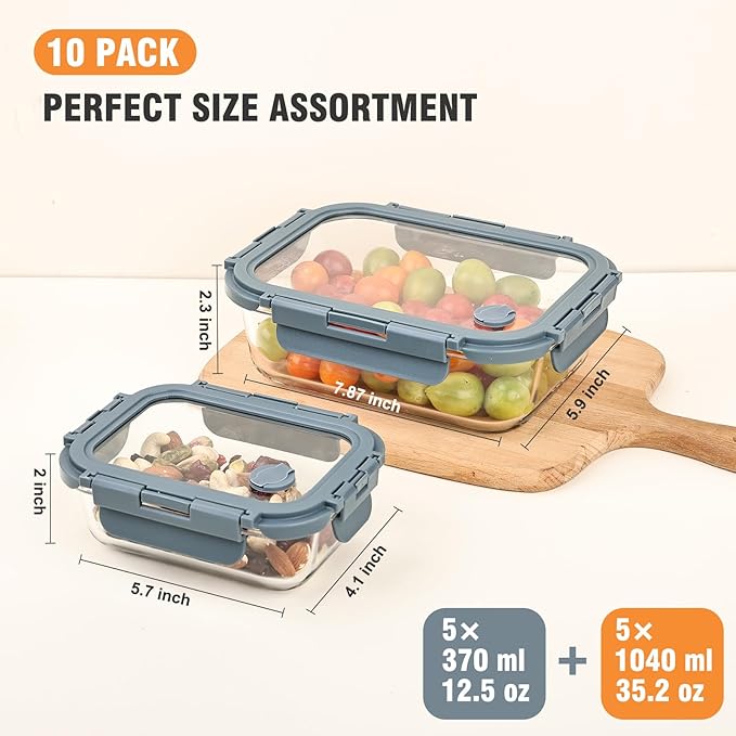 Liuruiyu 10 Pack Glass Food Storage Containers with Glass Lids, Airtight Meal Prep Containers, Leak-Proof Bento Boxes for Microwave, Oven, Freezer & Dishwasher, BPA-Free