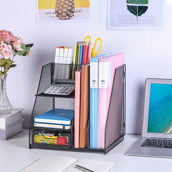 Topwey Desk Organizer, File Organizer for Desk with 2-Tier Paper Letter Tray, Drawer and 2 Pen Holder, Mesh Desktop Organization with Magazine Holder for Office Supplies