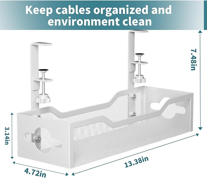Under Desk Cable Management Tray 3 Pack, Cable Management Under Desk No Drill, Cable Organizer with Clamp for Wire Management, Cord Organizer for Office, Home - No Damage to Table (White)