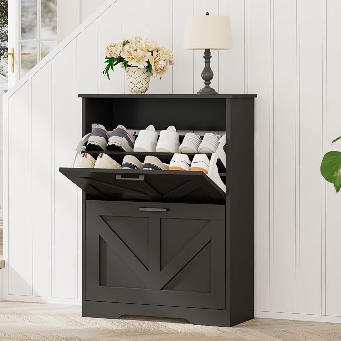 Homleke Farmhouse Shoe Cabinet for Entryway, 2 Barn-Style Flip Drawers | Narrow Shoe Storage Organizer, Top Display Shelf, Adjustable Shelves, Shoe Rack, for Hallway Closet, 24" Wide, Black
