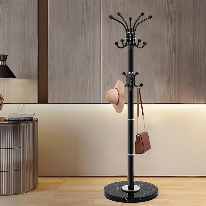 Coat Rack Stand 360°Rotary Coat Rack Freestanding with 16 Hooks | Modern Metal Coat Rack with Natural Marble Base,Coat Hanger Stand, Black Coat Hall Clothes Tree for Hallway,Entryway,Office