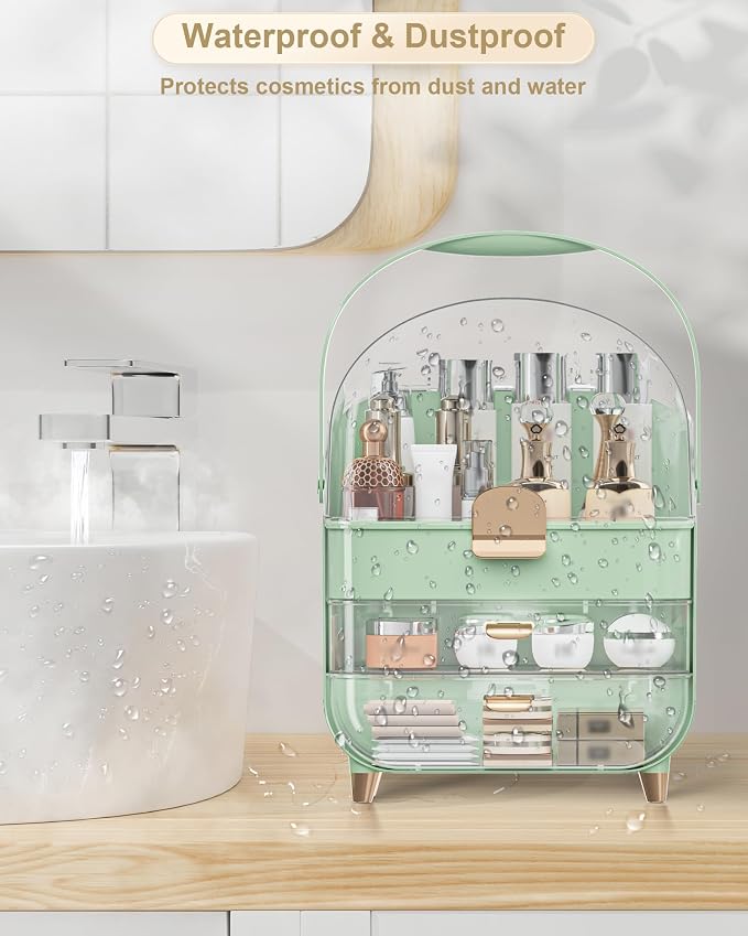Makeup Organizer Countertop, Skincare Holder Bathroom Counter Organizer, Storage Box Cosmetic Display Cases, Teen Girl Gifts Make up Organizers (Green/Brush)