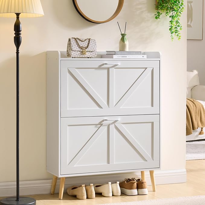 LEYAOYAO Shoe Cabinet Storage for Entryway with 2 Flip Drawers Rack Narrow Organizer Slim Hidden Wood Shoe Cabinet Furniture White